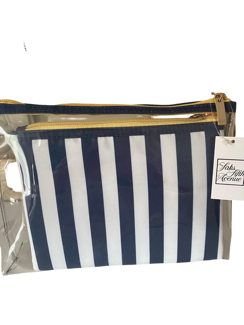 Saks Fifth Avenue Navy and White Striped Clear Cosmetic Pouch with Gold Zippers-